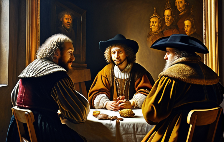 **Prompt:** A painting in the style of Rembrandt, but created by AI. Focus on the ethical discussion surrounding AI art versus traditional art.