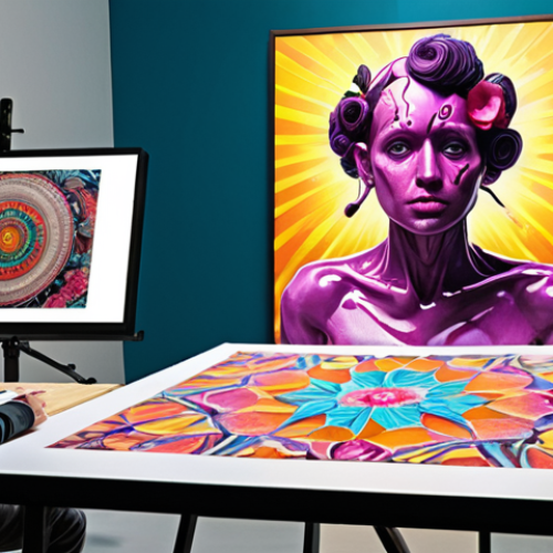 Home 14 **Prompt:** AI co-creating a vibrant, surreal artwork with a human artist in a modern studio. Focus on the blending of digital and traditional art techniques. Emphasis on collaboration and shared creativity.