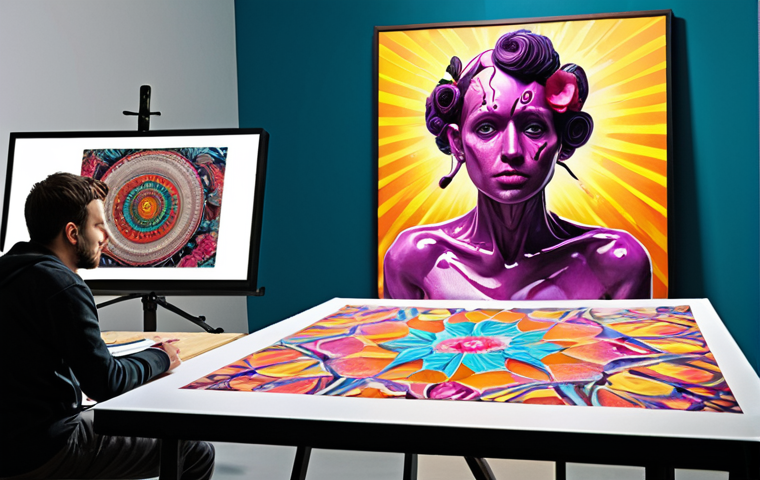 **Prompt:** AI co-creating a vibrant, surreal artwork with a human artist in a modern studio. Focus on the blending of digital and traditional art techniques. Emphasis on collaboration and shared creativity.