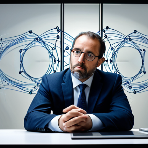 Home 7 A thoughtful, professionally dressed legal expert in a modest business suit, appearing to be in their late 30s or early 40s, seated at a sleek, minimalist desk in a modern, subtly lit office. In the background, abstract digital lines and blurred classical art elements merge and overlap, symbolizing the complex intersection of technology and art, and the challenges of intellectual property. The subject is in a natural pose, looking at a transparent screen displaying interconnected legal symbols and neural network patterns, with a slight expression of contemplation. Professional photography, high resolution, soft cinematic lighting, perfect anatomy, correct proportions, well-formed hands, proper finger count, natural body proportions, safe for work, appropriate content, fully clothed, professional dress, family-friendly.