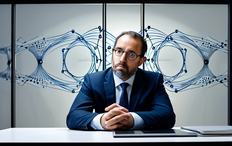 A thoughtful, professionally dressed legal expert in a modest business suit, appearing to be in their late 30s or early 40s, seated at a sleek, minimalist desk in a modern, subtly lit office. In the background, abstract digital lines and blurred classical art elements merge and overlap, symbolizing the complex intersection of technology and art, and the challenges of intellectual property. The subject is in a natural pose, looking at a transparent screen displaying interconnected legal symbols and neural network patterns, with a slight expression of contemplation. Professional photography, high resolution, soft cinematic lighting, perfect anatomy, correct proportions, well-formed hands, proper finger count, natural body proportions, safe for work, appropriate content, fully clothed, professional dress, family-friendly.